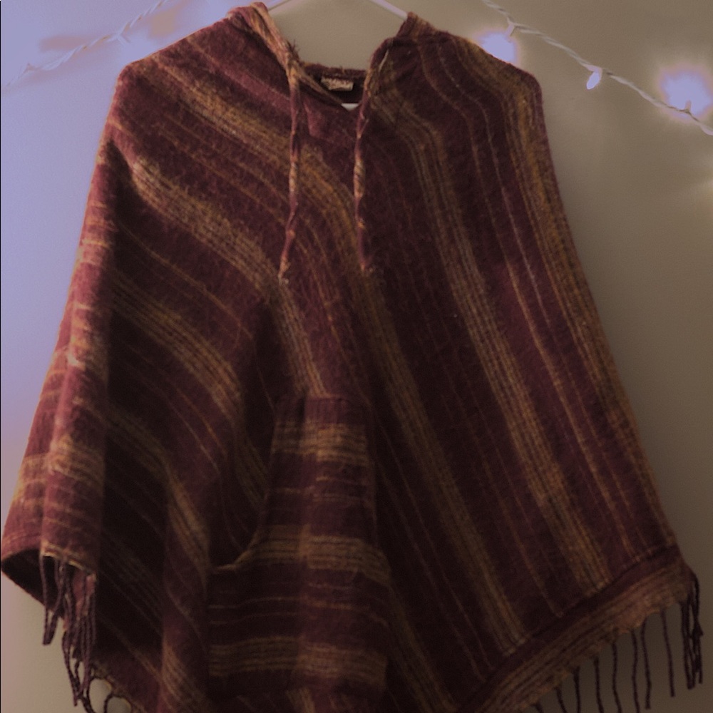 maroon and mustard yellow striped shawl/poncho